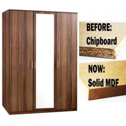 **7-DAY MONEY BACK GUARANTEE!**- Holgate 3 Door German Wardrobe w/ Mirror - NOW IN SOLID MDF!