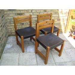 3 x Lovely Chunky 1970s Vintage Solid Pine Kitchen / Dining Chairs with Leather Seats