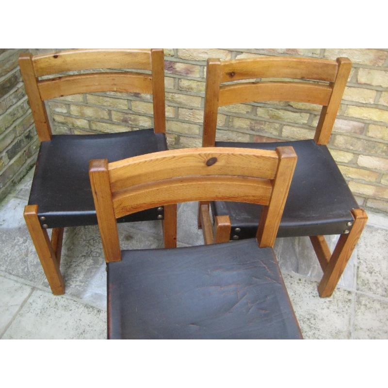 3 x Lovely Chunky 1970s Vintage Solid Pine Kitchen / Dining Chairs with Leather Seats