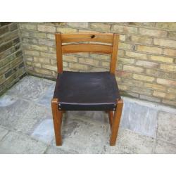 3 x Lovely Chunky 1970s Vintage Solid Pine Kitchen / Dining Chairs with Leather Seats