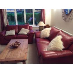 Dark red leather sofas,large 3 seater + 2 seater