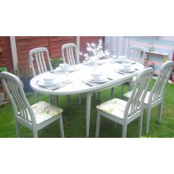 Beautiful Refurbished Large Extending Shabby Chic Kitchen Dining Table and Six Upholstered Chairs