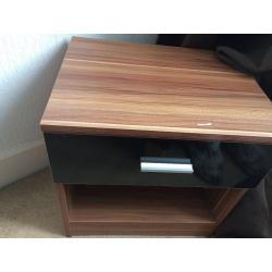 Pair of next bedside tables in gloss black and dark wood.