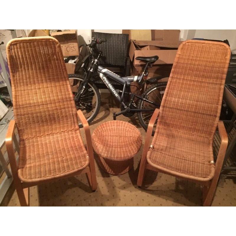 Pair of wicker chairs and matching table