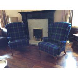 Beautiful pair of Queen Anne chairs newly re-upholstered in Harris Tweed