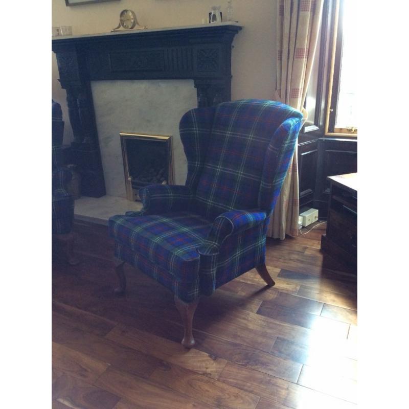 Beautiful pair of Queen Anne chairs newly re-upholstered in Harris Tweed