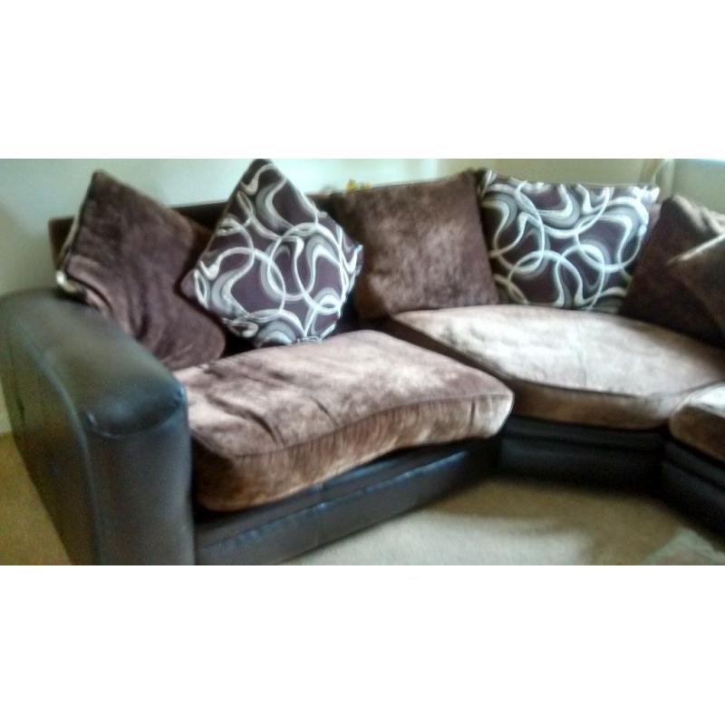 Brown and Cream Leather and Cloth Corner Suite