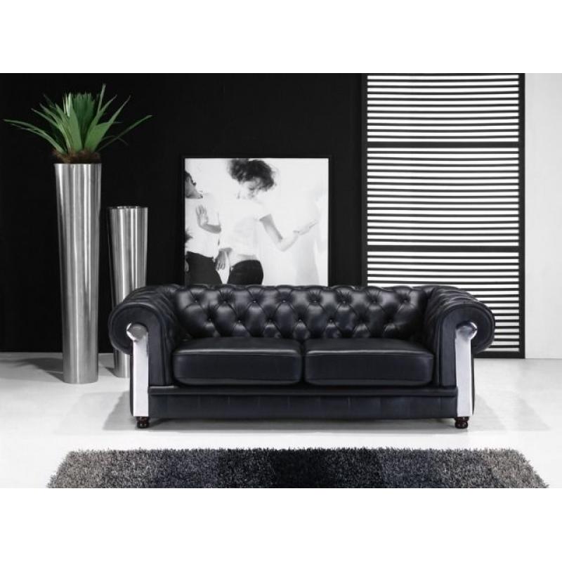 3+2 black leather Chesterfield sofas