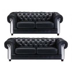 3+2 black leather Chesterfield sofas
