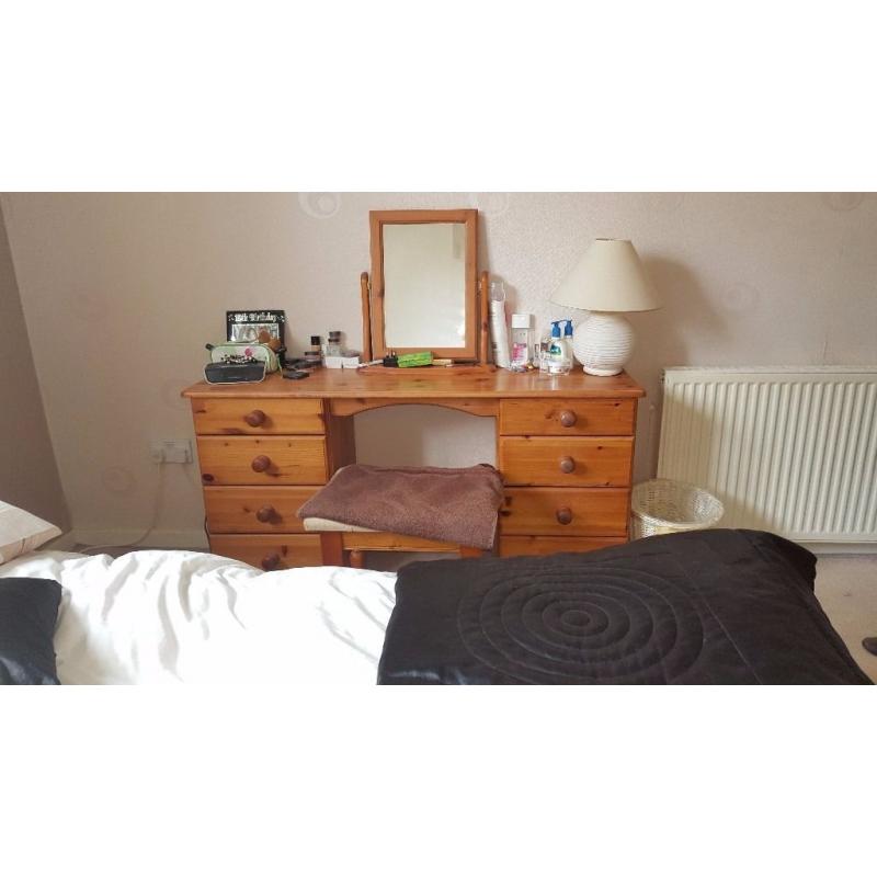 High quality pine double bed, wardrobe and dressing table with stool.