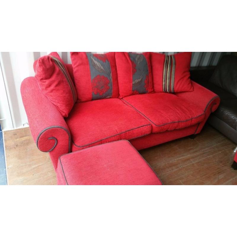 LUSH LIPSTICK RED SOFA, STORAGE STOOL & ARMCHAIR FOR SALE.