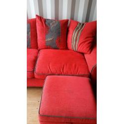 LUSH LIPSTICK RED SOFA, STORAGE STOOL & ARMCHAIR FOR SALE.