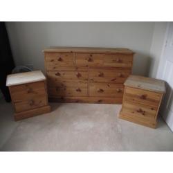 COTSWALD SOLID PINE DRESSER AND 2 BEDSIDE UNITS