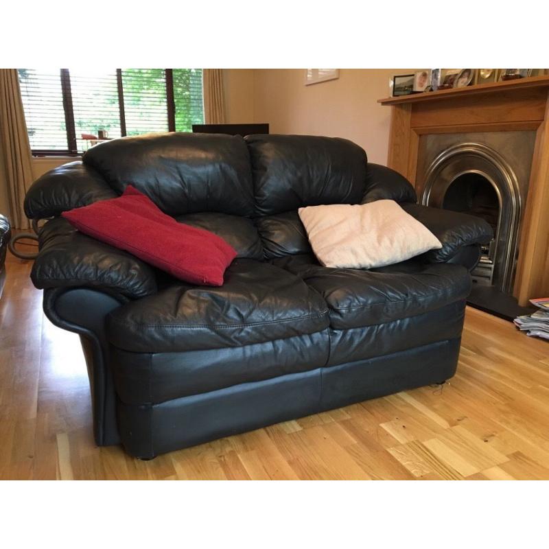 LEATHER SOFA - two seater, used, dark blue/black