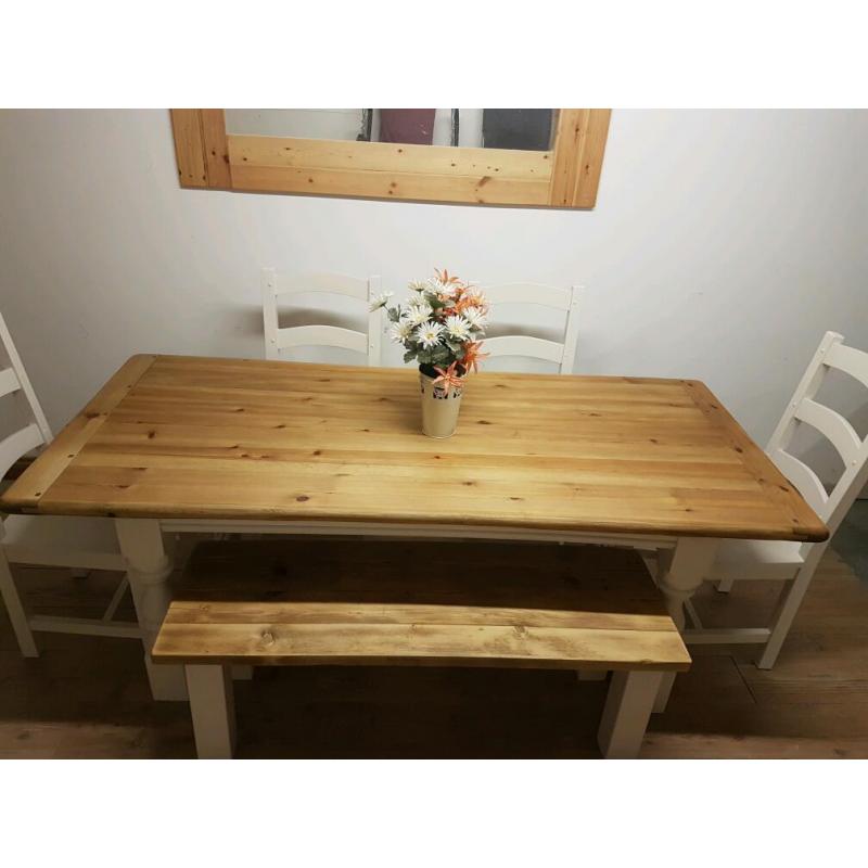 reclaimed pine farmhouse dining table chairs bench painted shabby chic