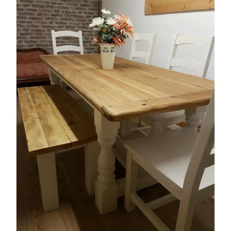 reclaimed pine farmhouse dining table chairs bench painted shabby chic