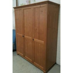 Solid pine large 3 door wardrobe with shelving in vgc