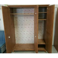 Solid pine large 3 door wardrobe with shelving in vgc