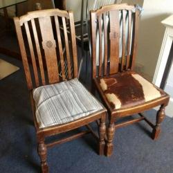 two vintage solid oak chairs with nice detail and patina